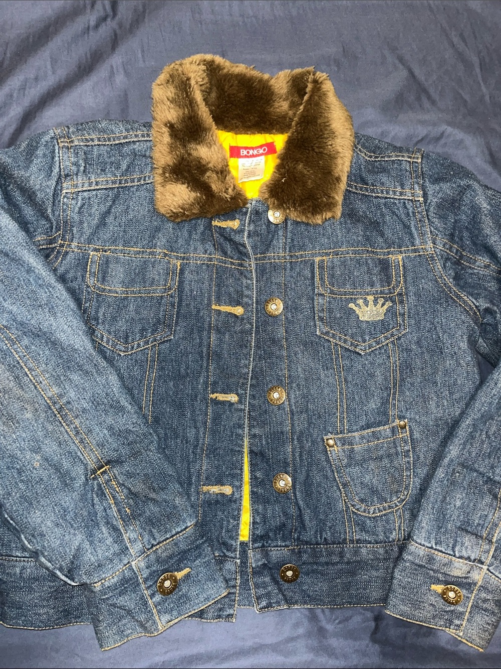 BONGO princess Blue Denim Jacket with Brown Faux Fur Collar kids size 8/10